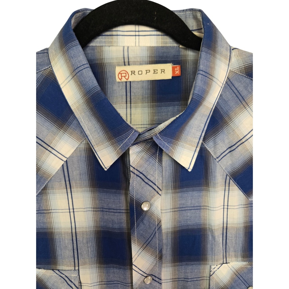 Roper Western Mens XL Pearl Snap Shirt Blue White Plaid Long Sleeve Yoke Cowboy